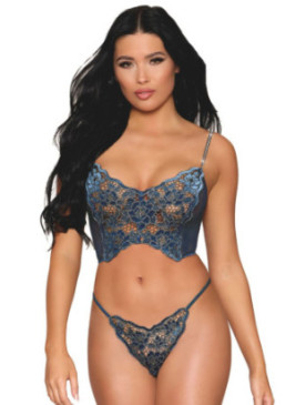 Bustier dentelle florale et résille avec strass et string assorti - DG13492BLU